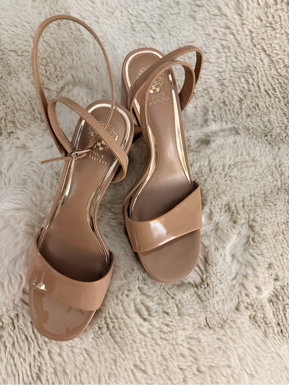 Vince Camuto Nude Patent Slingback Block Heel Sandals